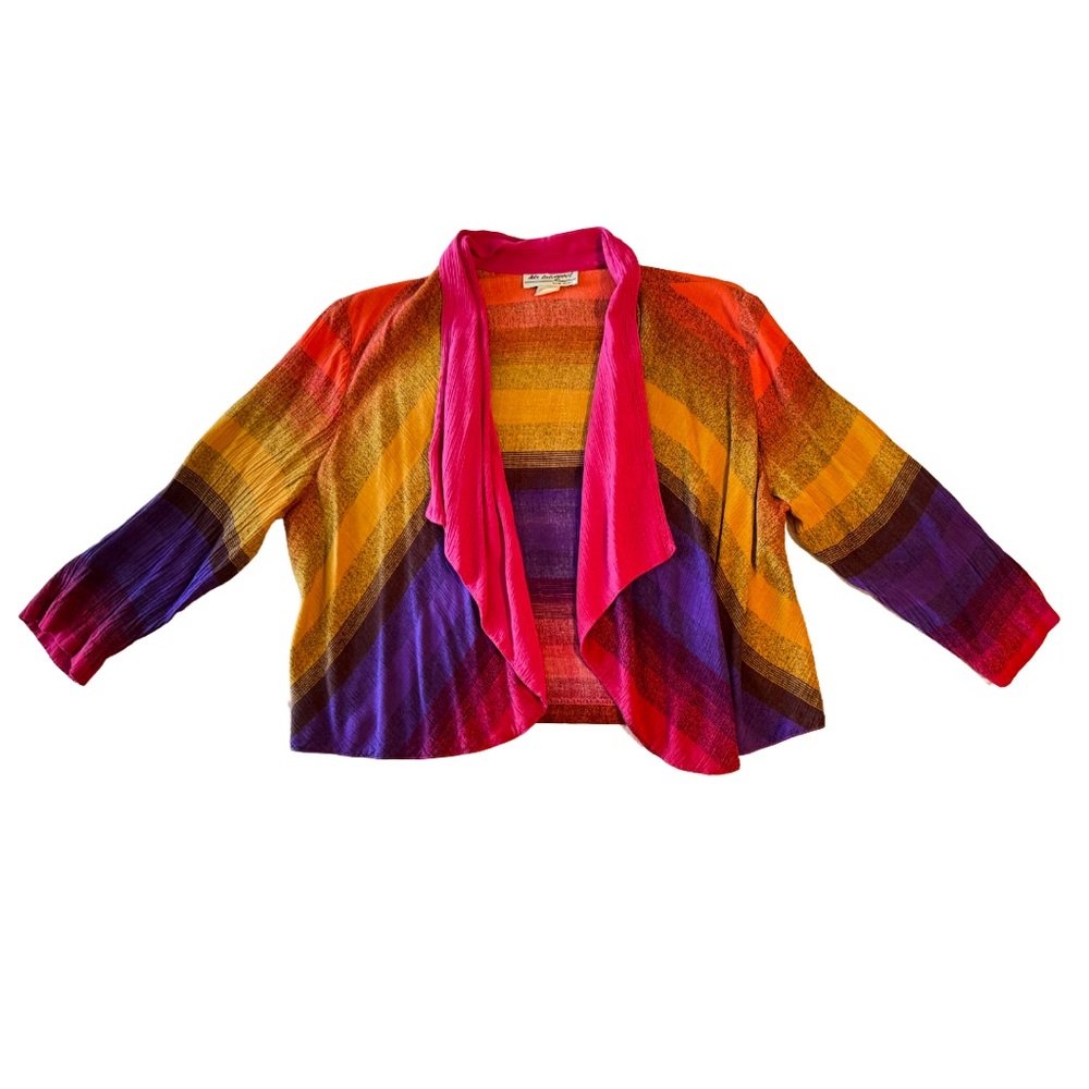 🌅 Vintage 90s Cropped Open Front Jacket Sunset Stripe Rayon OS